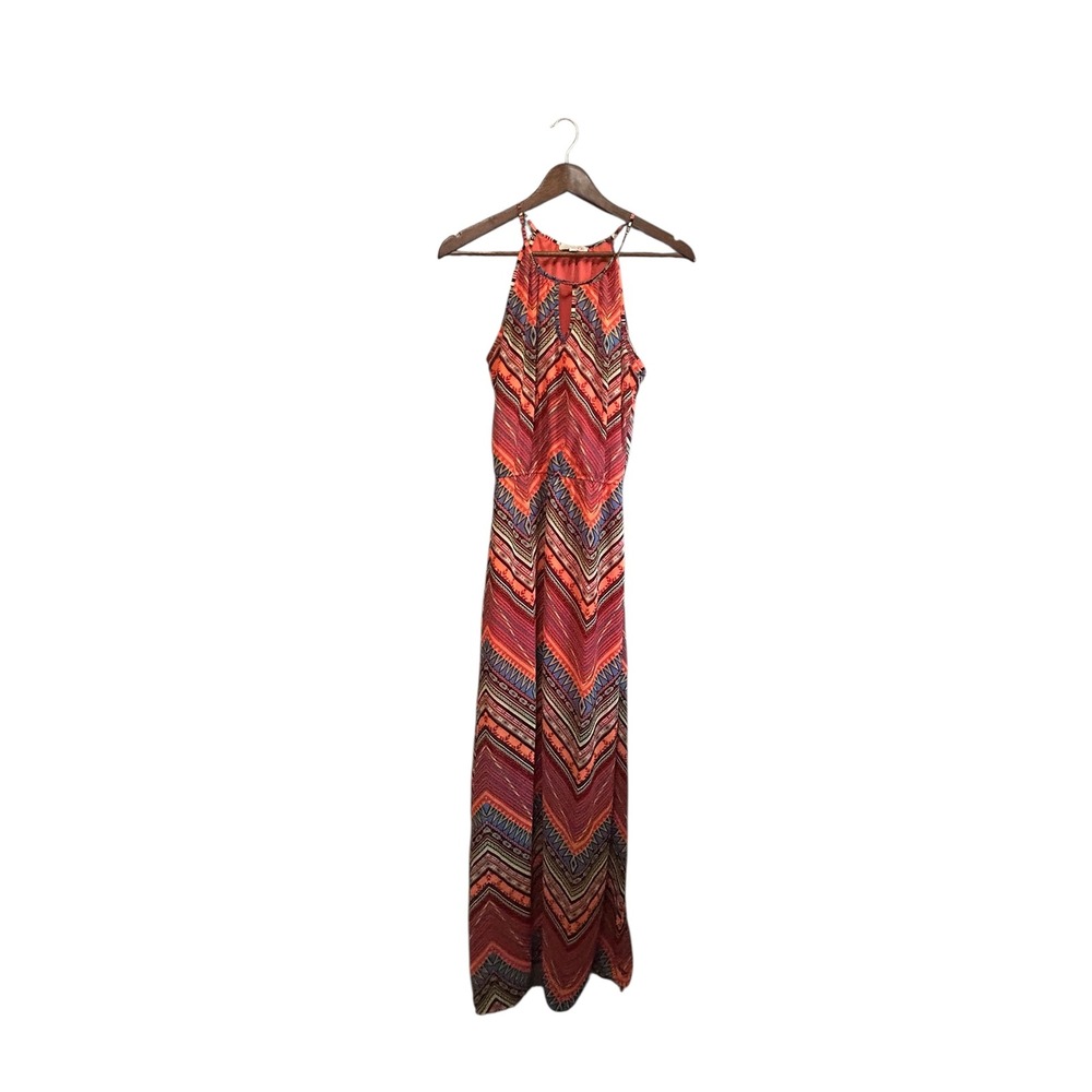 GB Orange Multicolor Geometric Print Halter‎ Neck Maxi Dress